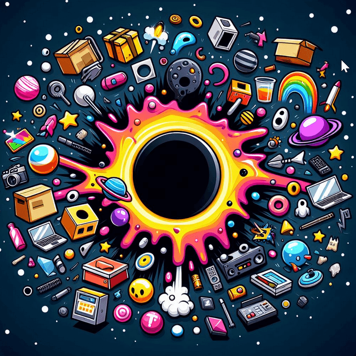 black hole sucking in items, boxes, points, very colorful, image created with AI