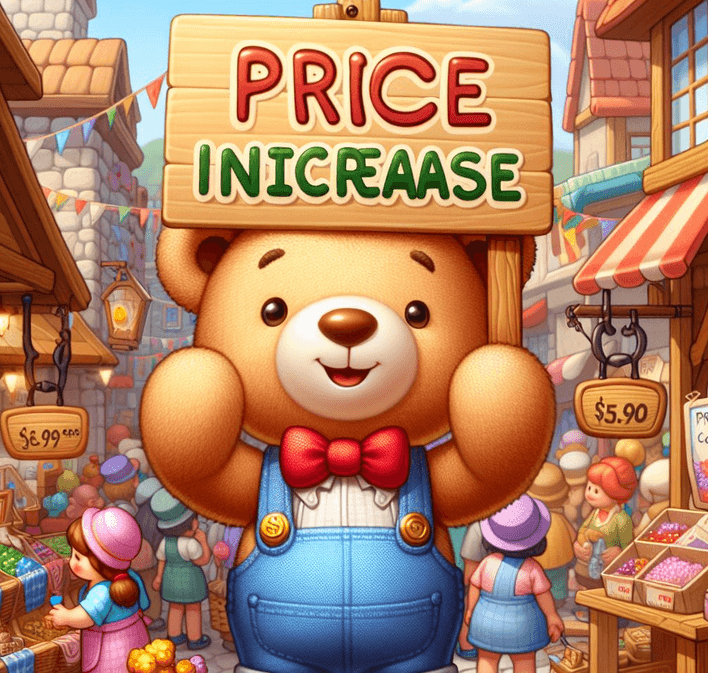 teddy bear holding up a sign that says price increase, image made with AI